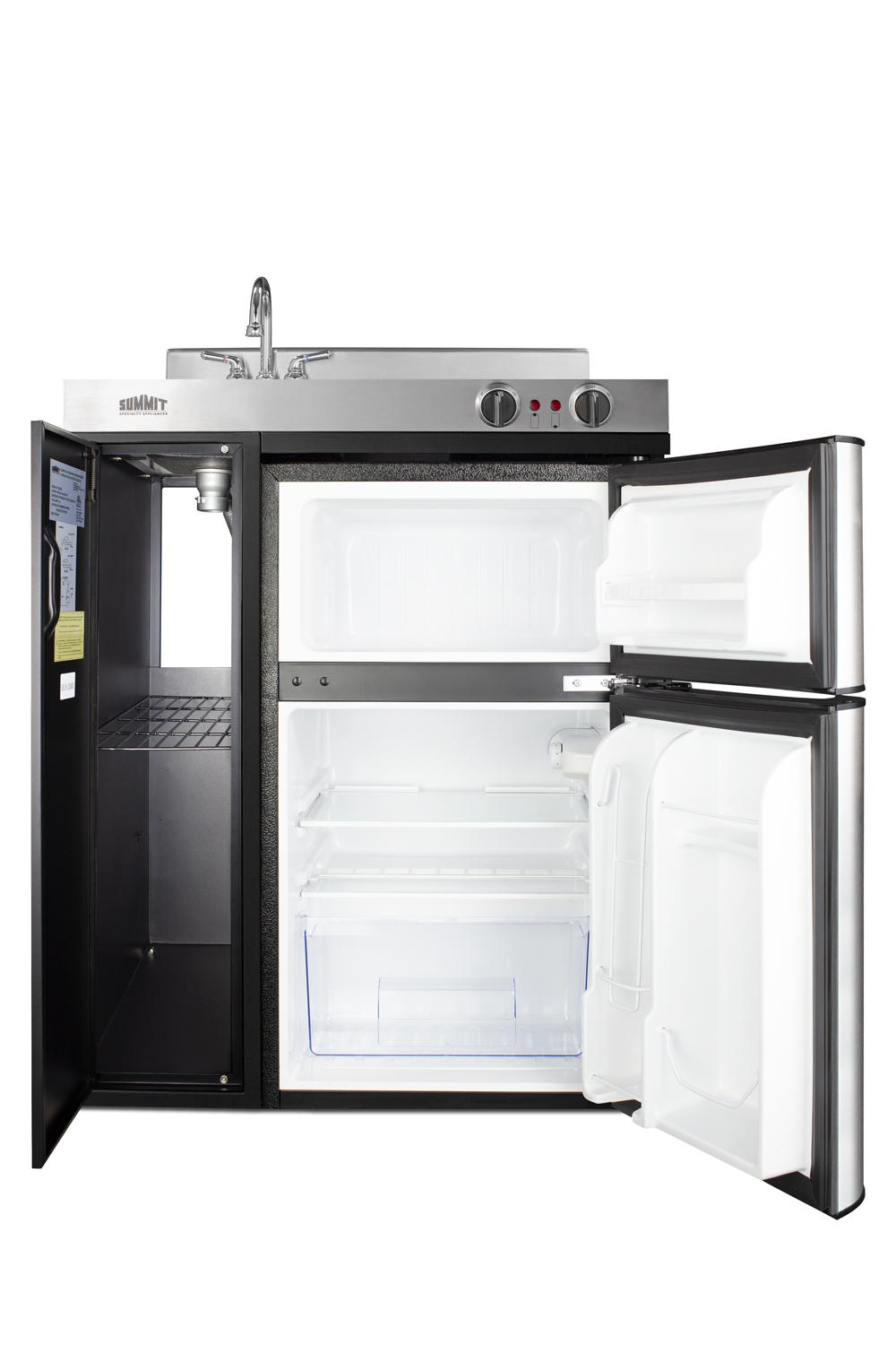 30 inch wide all-in-one kitchenette in black with a 2-burner 115V coil cooktop, 2-door refrigerator-freezer, sink, and storage cabinet